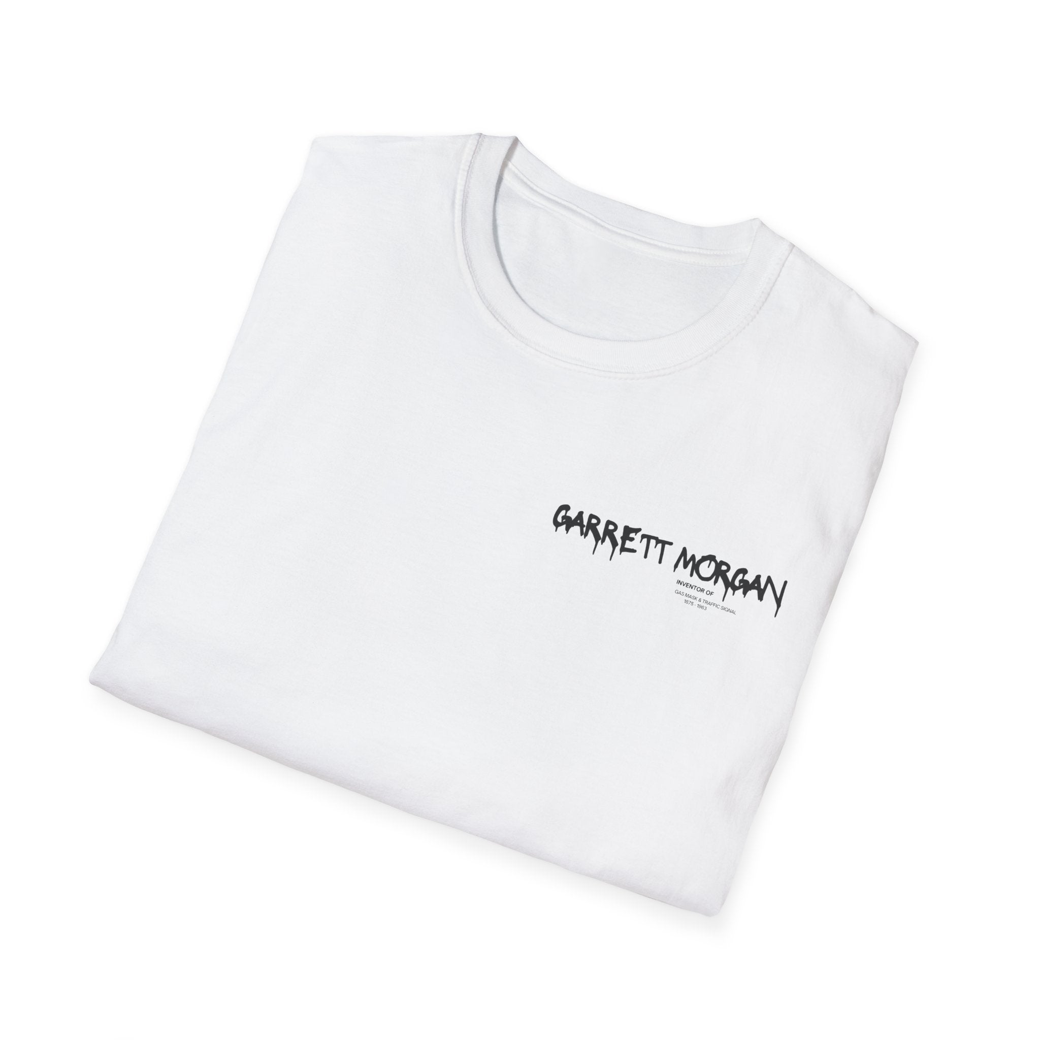 Black power Garrett Morgan Graphic T-Shirt — Vintage Portrait Backprint with Signature Chest Text